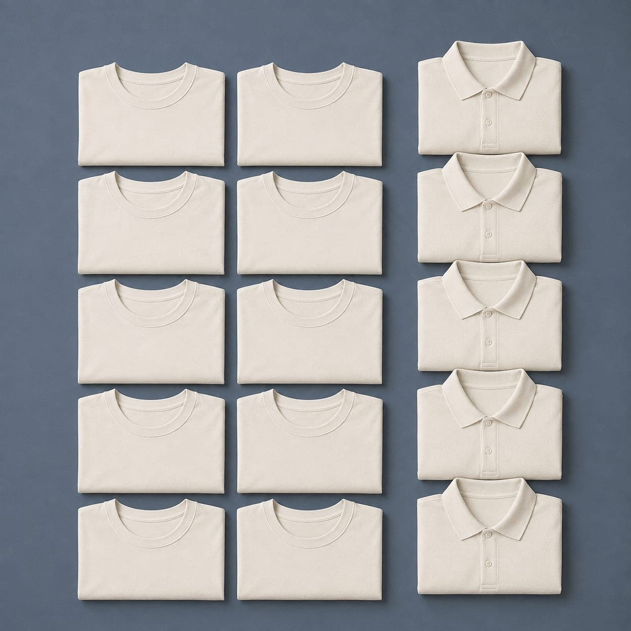 Ten folded neutral t-shirts in a five by two grid beside a stack of five folded polo shirts